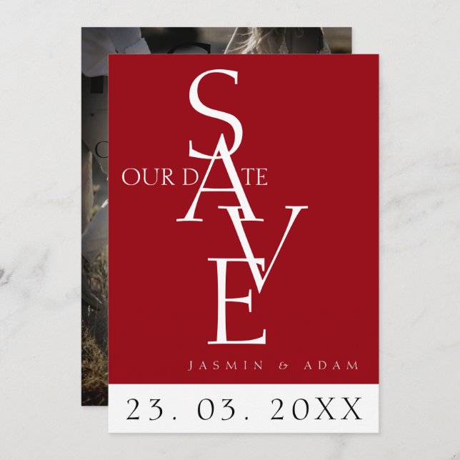 Minimal Crimson Red White Simple Photo Wedding Save The Date (Front/Back)