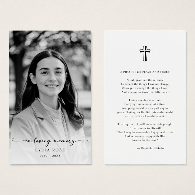 Minimal Cross Funeral Memorial Photo Prayer Card (Front & Back)