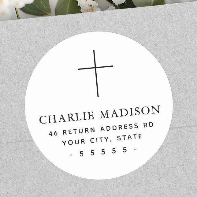 Minimal cross white return address classic round sticker (Minimal cross white return address classic round sticker)