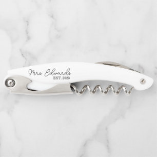 Minimal Cursive Mrs. Custom Last Name Wedding Gift Corkscrew