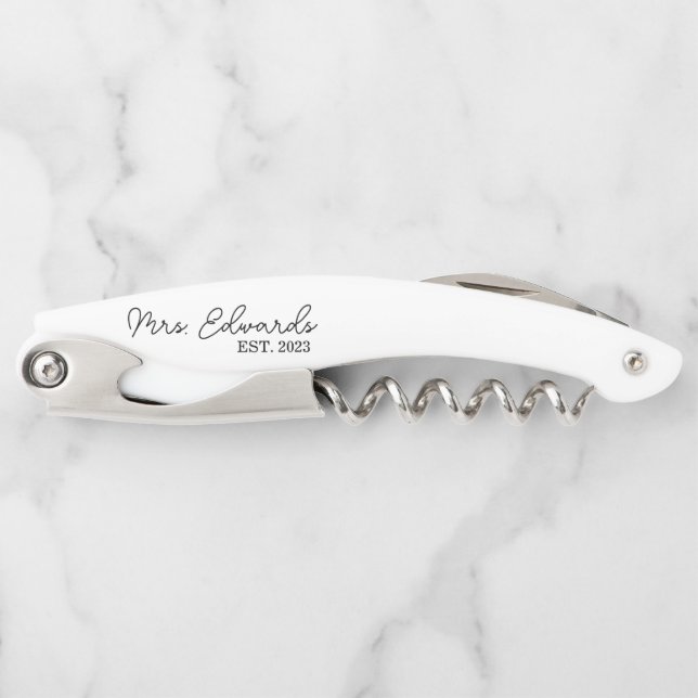 Minimal Cursive Mrs. Custom Last Name Wedding Gift Corkscrew (Front)