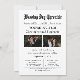 Minimal Custom 2 Photo QR Code Newspaper Wedding Invitation