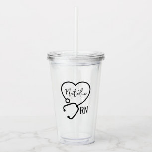 Minimal Custom Nurse Name Stethoscope Heart  Acrylic Tumbler