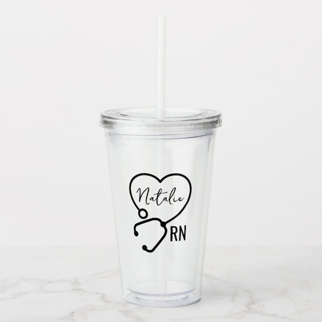 Minimal Custom Nurse Name Stethoscope Heart  Acrylic Tumbler (Front)
