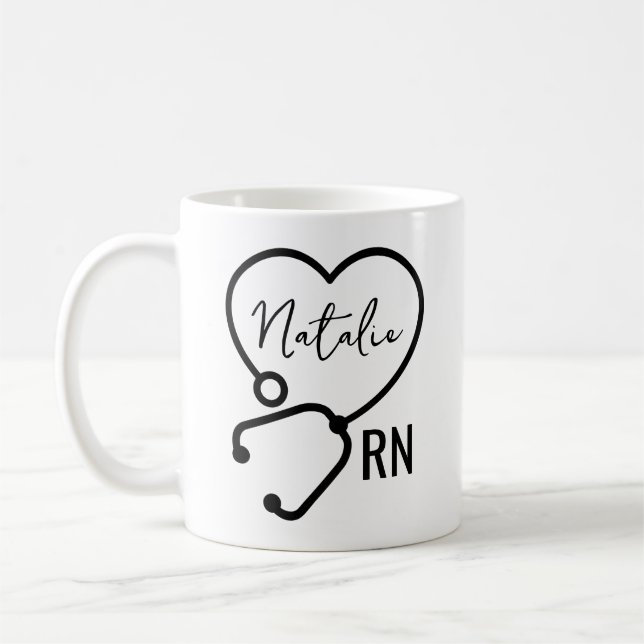 Minimal Custom Nurse Name Stethoscope Heart  Coffee Mug (Left)