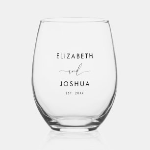 Minimal Custom Wedding Bride & Groom Names Stemless Wine Glass