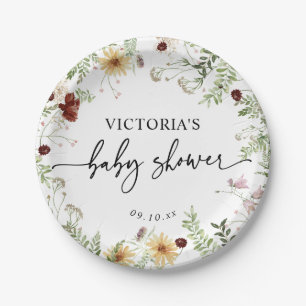 Minimal Cute Boho Wildflower Greenery Baby Shower Paper Plate