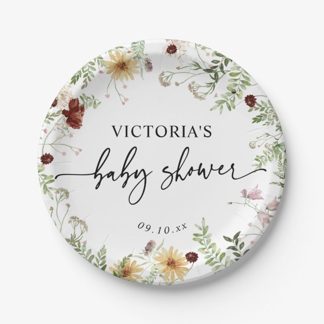 Minimal Cute Boho Wildflower Greenery Baby Shower Paper Plate (Front)
