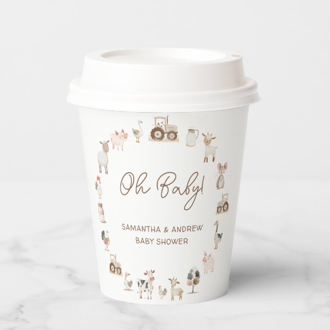 Minimal Cute Farm Animals Barnyard Baby Shower Paper Cups (Front)