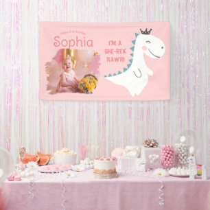 Minimal Cute Girly Blush Pink Photo Dino Birthday Banner