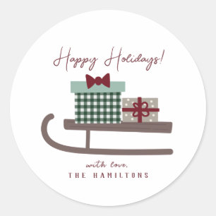 Minimal Cute Happy Holidays Sleigh Classic Round Sticker