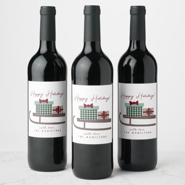 Minimal Cute Happy Holidays Sleigh  Wine Label (Bottles)
