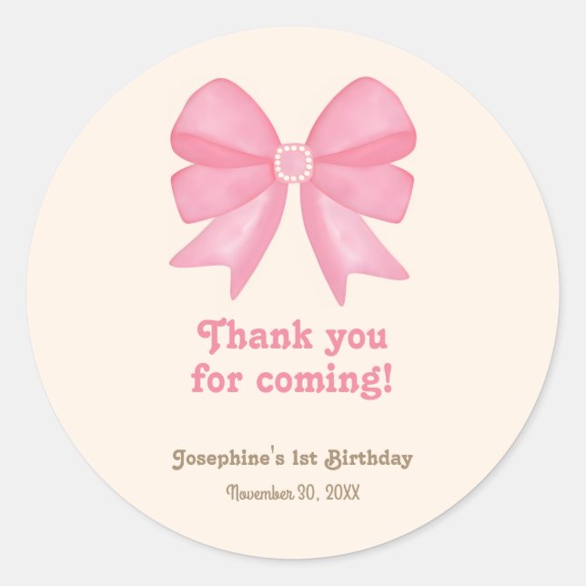 Minimal Cute Pink Bow Birthday Thank You Classic Round Sticker (Front)