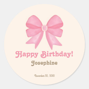 Minimal Cute Pink Bow Happy Birthday  Classic Round Sticker