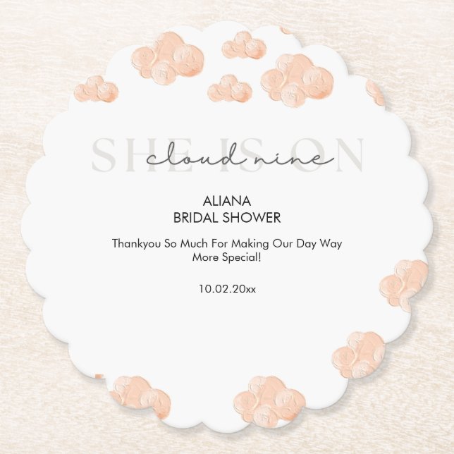 Minimal cute She's on cloud 9 Bridal Shower Decor  Paper Coaster (Front)