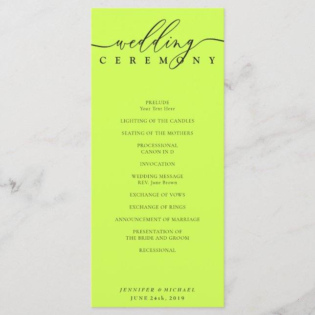 Minimal Cyber Lime Jet Black Wedding Ceremony Programme (Front)