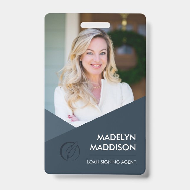 Minimal Dark Azure Photo Notary Signing Agent Badg ID Badge (Front)