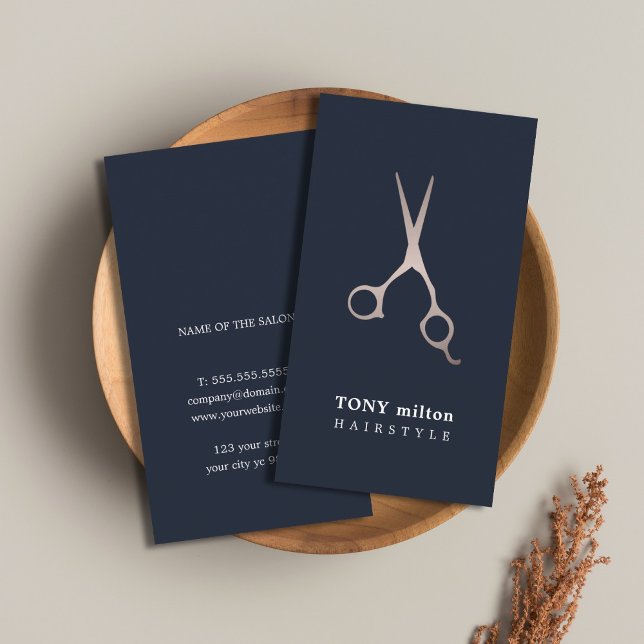 Minimal Dark Blue Faux Metal Scissors hair Business Card (Creator Uploaded)