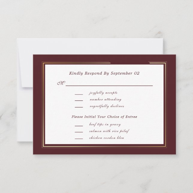 Minimal Dark Burgundy Gold Menu Selection RSVP  (Front)