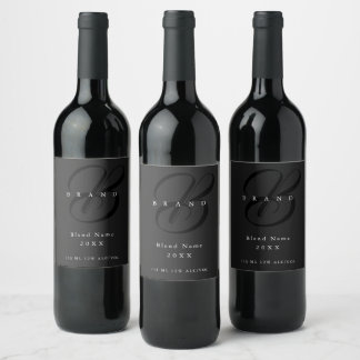 Minimal Dark Grey Black Elegant Monogram Company Wine Label