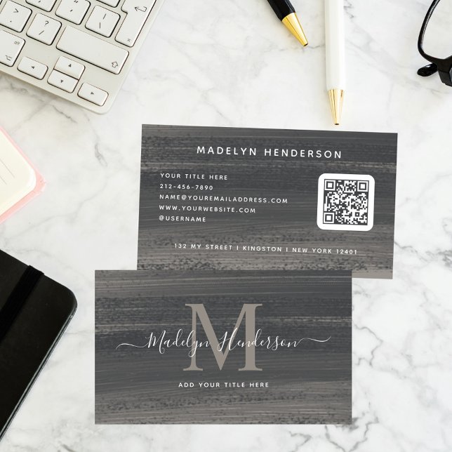 Minimal Dark Grey Brush Scannable QR Code  Business Card (Creator Uploaded)
