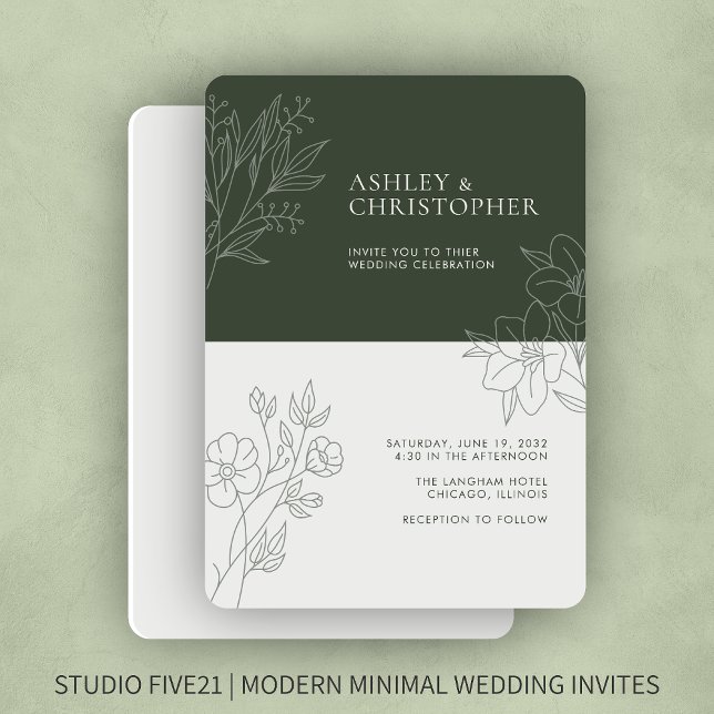 Minimal Dark Moss Green Foliage Outline Wedding Invitation (Creator Uploaded)