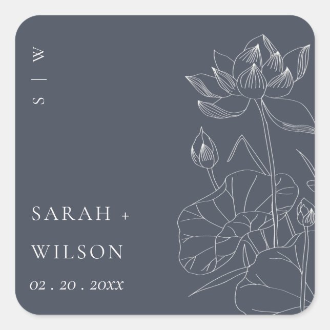 Minimal Dark Navy Waterlily Floral Sketch Wedding Square Sticker (Front)