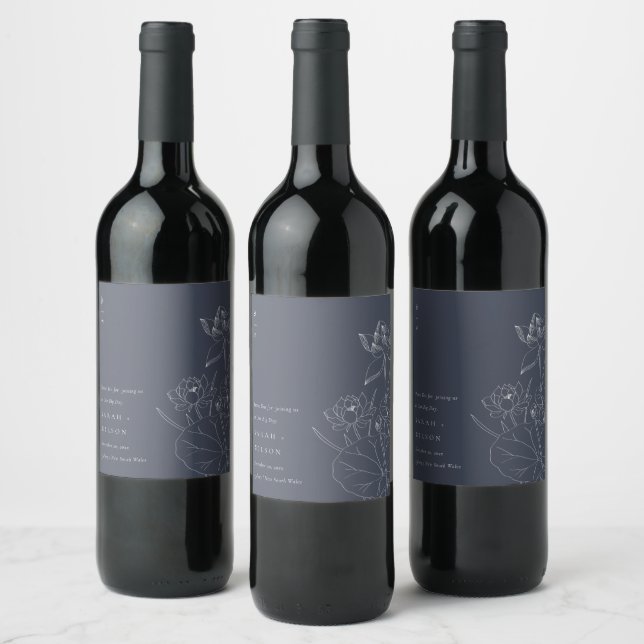 Minimal Dark Navy Waterlily Floral Sketch Wedding Wine Label (Bottles)