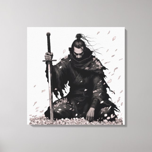 Minimal Dark Samurai Warrior with Sakura Petals Ja Canvas Print (Front)