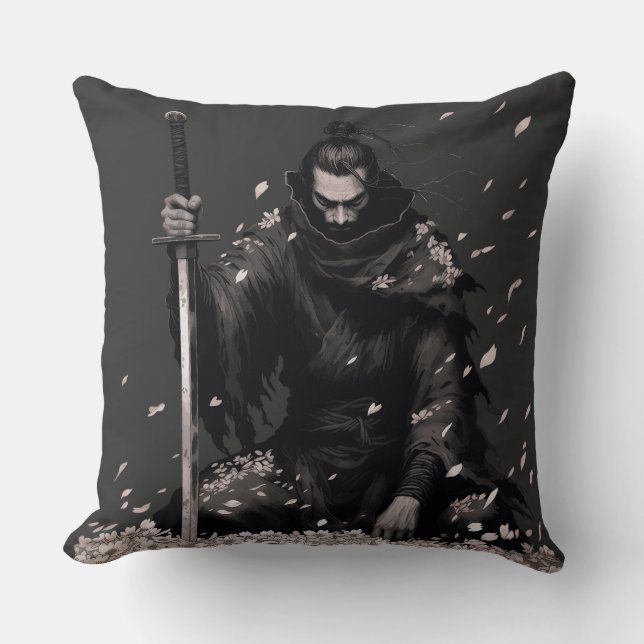 Minimal Dark Samurai Warrior with Sakura Petals Ja Cushion (Front)