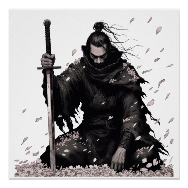Minimal Dark Samurai Warrior with Sakura Petals Ja Poster (Front)