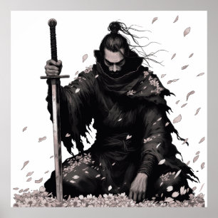 Minimal Dark Samurai Warrior with Sakura Petals Ja Poster