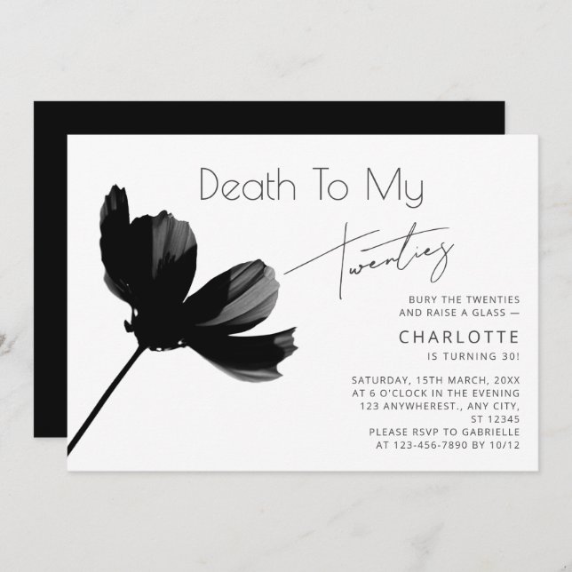 Minimal "Death to My 20s" Black 30th Birthday Invitation (Front/Back)