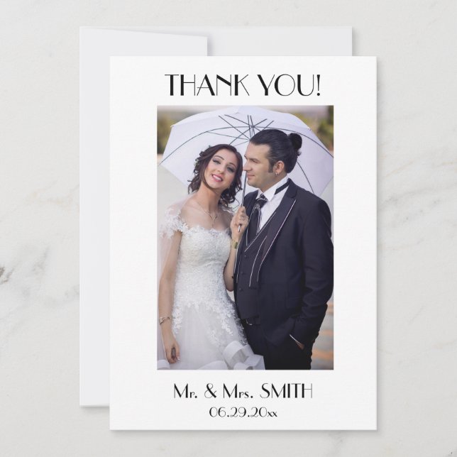 Minimal Deco White Thank You Photo Wedding Card (Front)