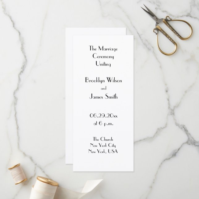 Minimal Deco White Wedding Program Programme (Front/Back In Situ)