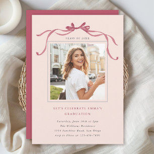 Minimal Deep Blush Bow Graduation Party Photo Pink Invitation
