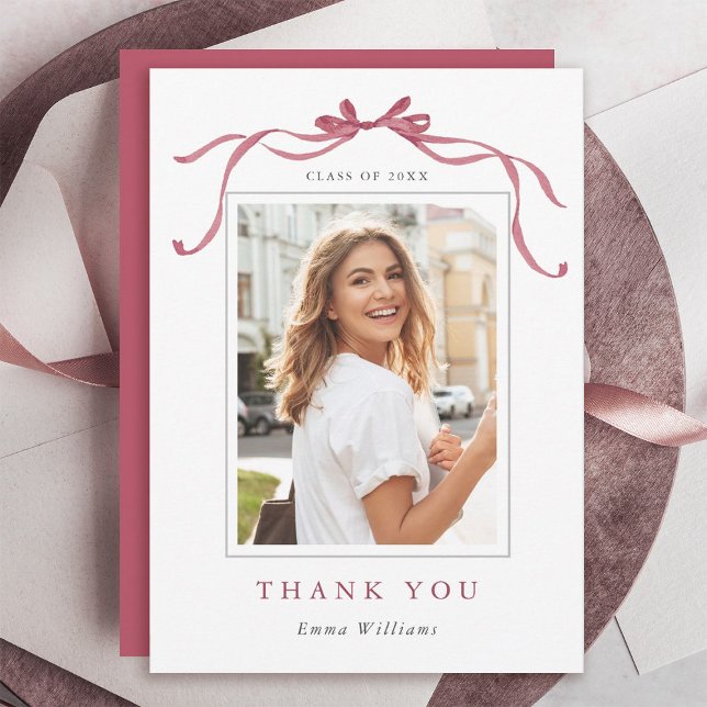 Minimal Deep Blush Bow Graduation Photo Thank You Card (Creator Uploaded)