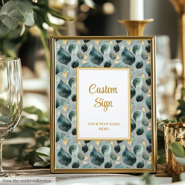 Minimal Deep Green Gold Eucalyptus Wedding Custom  Poster (Minimal Deep Green Gold Eucalyptus Wedding Custom Sign)