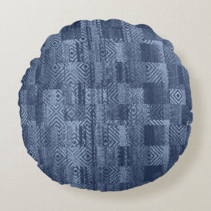 Minimal Denim Abstract Memphis Patchwork Round Cushion