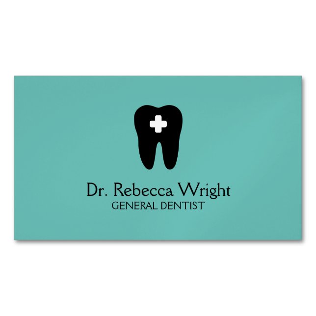 Minimal Dentist Logo Light Teal Dental Office Magnetic Business Card (Front)
