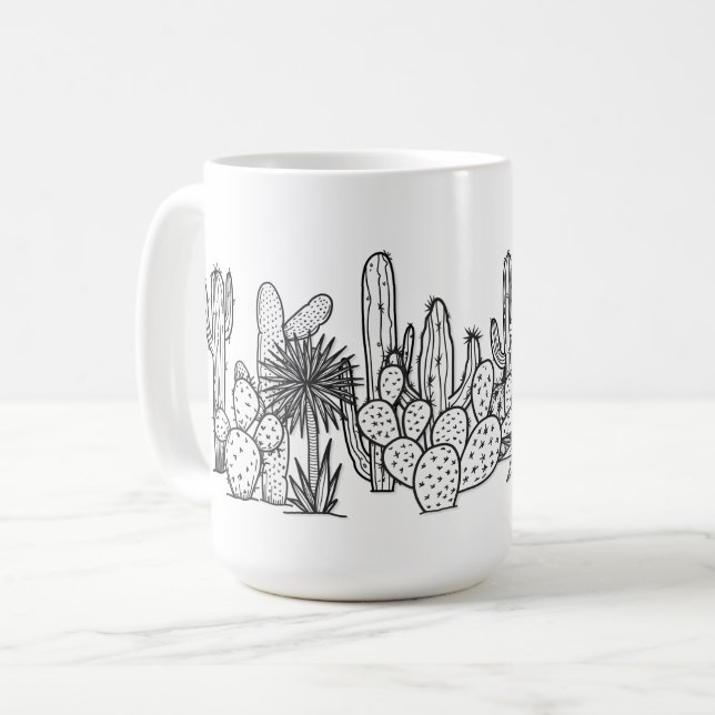 Minimal Desert – Black Ink Botanical Coffee Mug (Front Left)