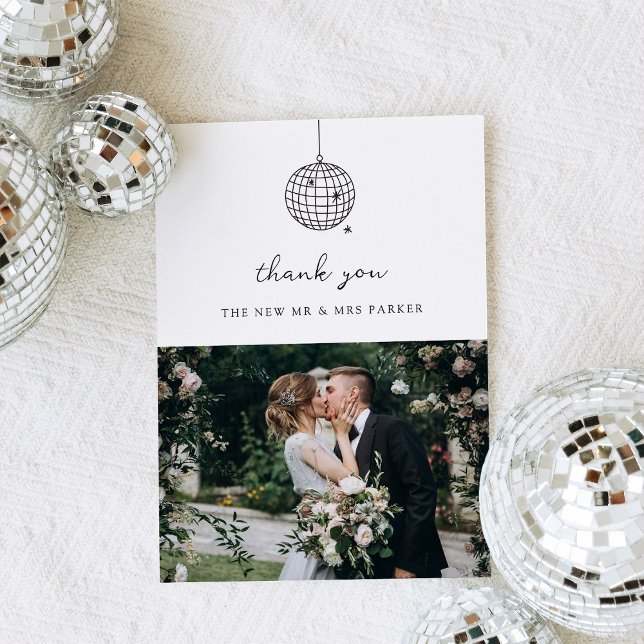 Minimal Disco Ball | Photo Black and White Wedding Thank You Card (Creator Uploaded)