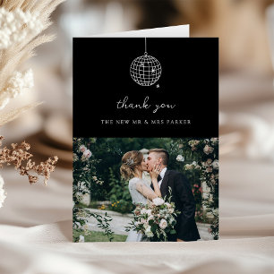 Minimal Disco Ball with Photo Black Wedding Thank You Card