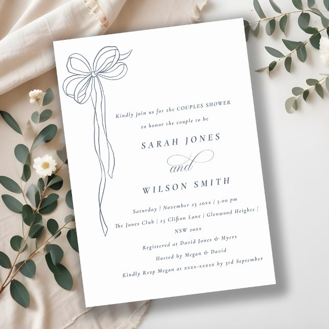 Minimal Dusky Blue Coquette Bow Couples Shower Invitation (Creator Uploaded)