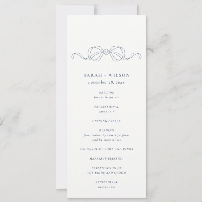 Minimal Dusky Blue Coquette Bow Wedding Program Invitation (Front)
