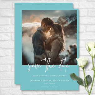 Minimal Dusty Aqua Teal Modern Photo Wedding Save The Date