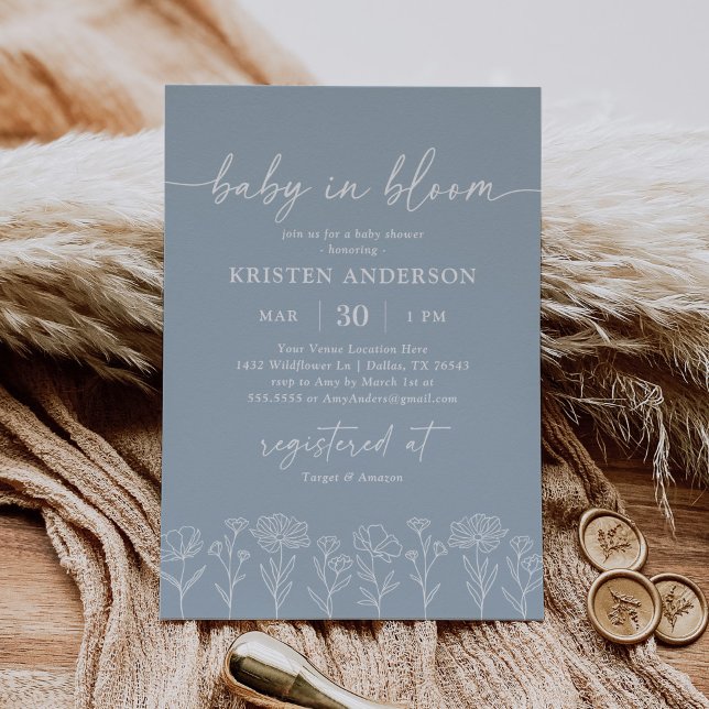 Minimal Dusty Blue Boho Wildflower Baby Shower Invitation (Creator Uploaded)
