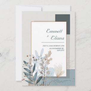 Minimal Dusty Blue Copper Frame Botanical Wedding Invitation