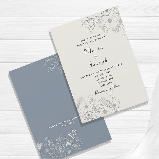 Minimal Dusty Blue Floral Wedding Invitation (Creator Uploaded)