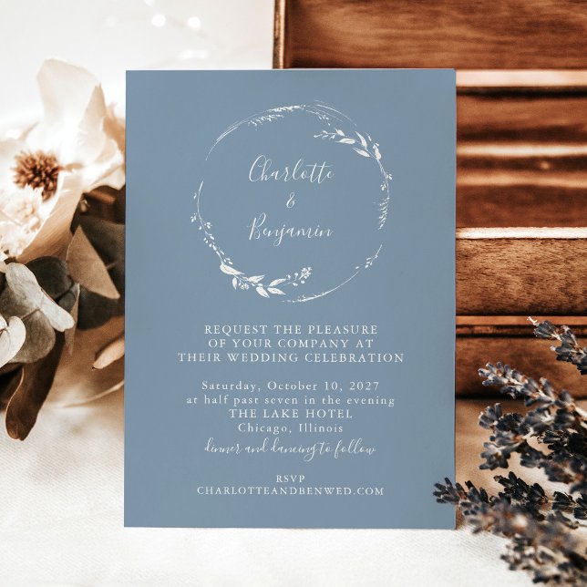 Minimal Dusty Blue Floral Wreath Script Wedding Invitation (Creator Uploaded)